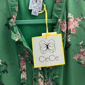 CeCe green floral flounce dress size M.